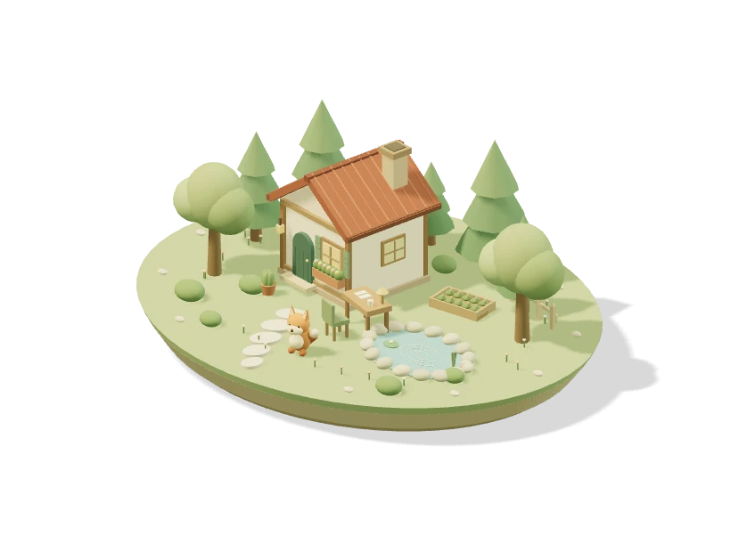 A miniature woodland island with a cottage, pond and fox