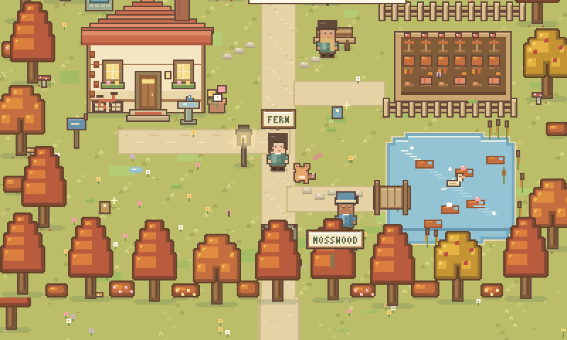 Fernwood's home quarter: a cottage, a pond with a little dock, a vegetable garden and a lamp-lit lane, where a student walks with their fox