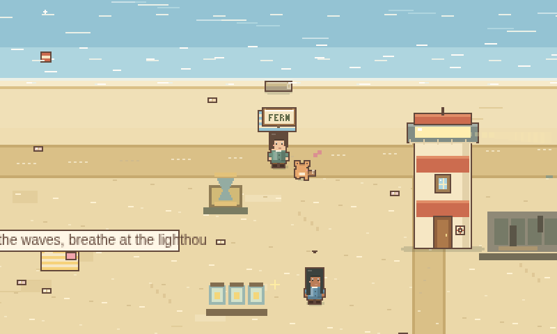 Sunshore Coast: a sandy beach beside the waves, a red-and-white lighthouse and a beach study table