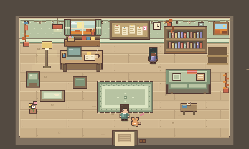 Inside the cottage: a desk with a computer, a floor lamp, bookshelves, a sofa and a rug, with the player and their fox in the middle of the room