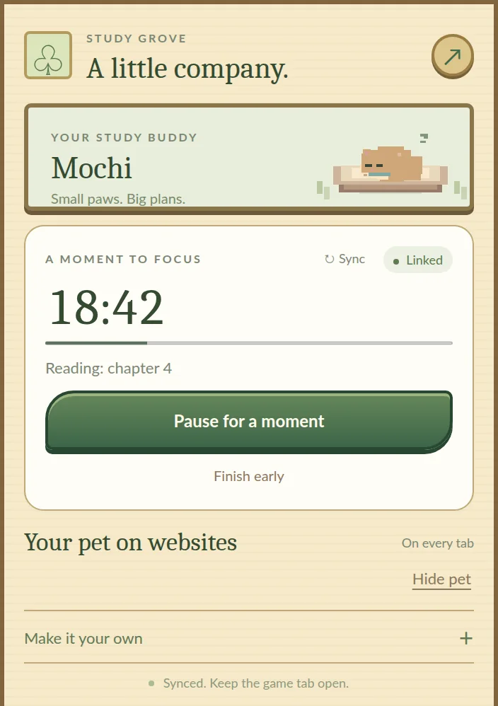 The Timer Pet popup: the pet Mochi asleep in its bed, a running timer at 18:42 for Reading: chapter 4 with Pause for a moment and Finish early, and a Your pet on websites section showing On every tab with a Hide pet link